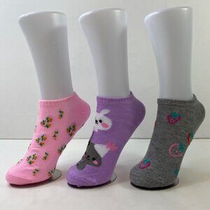 Womens Ankle Socks Set 3 Floral Pattern Bunny Strawberry Print Pink Purple Gray